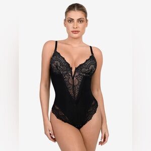 Popilush Shapewear Lace Deep V-Neck Sculpting Thong Bodysuit NWT Black XL